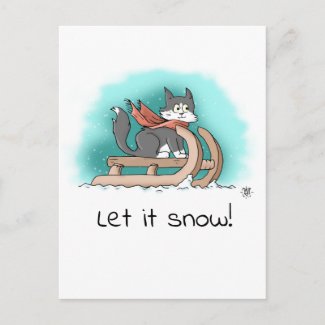 Brave Black and White Cartoon Cat on Sled in Snow