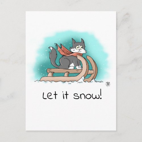 Brave Black and White Cartoon Cat on Sled in Snow Postcard