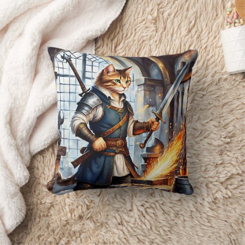 Brave Cat Blacksmith Forging a Sword in Workshop Throw Pillow