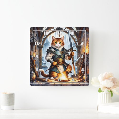 Brave Cat Knight Forging Swords in Fantasy Forge Square Wall Clock