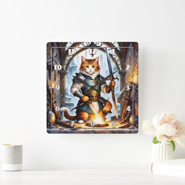 Brave Cat Knight Forging Swords in Fantasy Forge Square Wall Clock (Home)