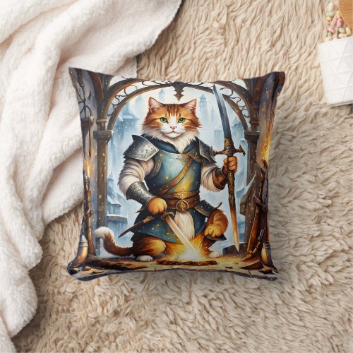 Brave Cat Knight Forging Swords in Fantasy Forge Throw Pillow