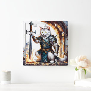 Brave Cat Knight in Armor With Sword Square Wall Clock