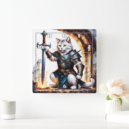 Brave Cat Knight in Armor With Sword Square Wall Clock