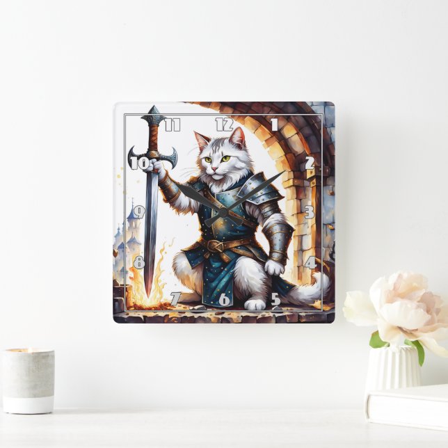 Brave Cat Knight in Armor With Sword Square Wall Clock (Home)