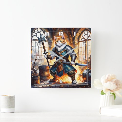 Brave Cat Knight in Medieval Setting Square Wall Clock