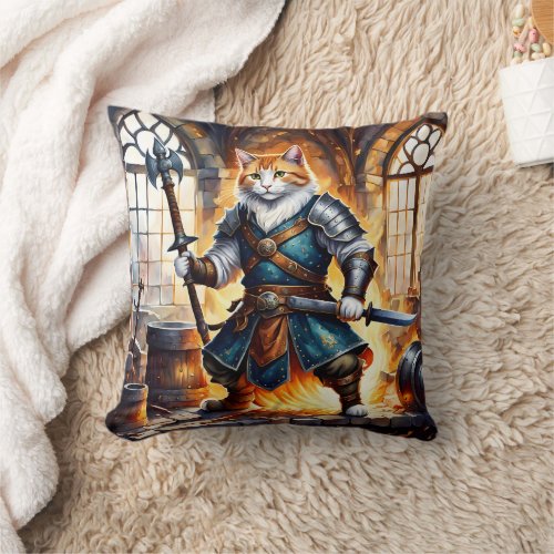 Brave Cat Knight in Medieval Setting Throw Pillow