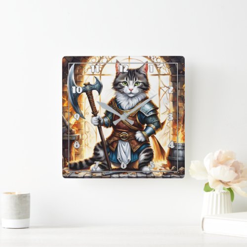 Brave Cat Warrior in Medieval Armor Square Wall Clock