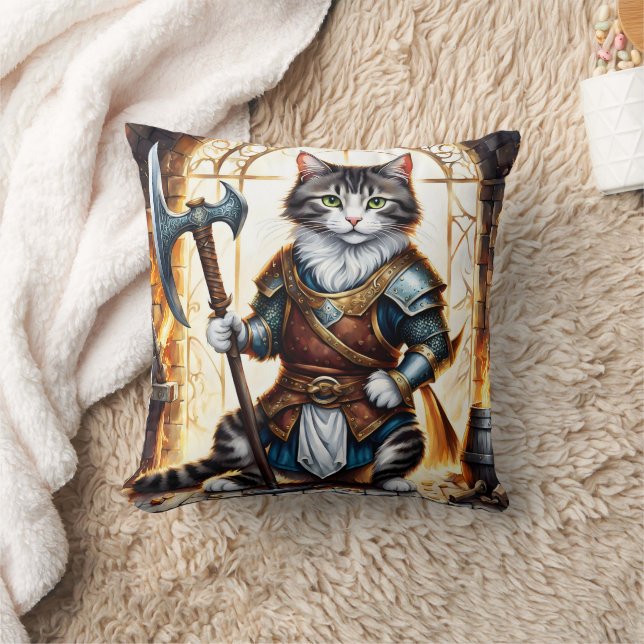 Brave Cat Warrior in Medieval Armor Throw Pillow (Blanket)