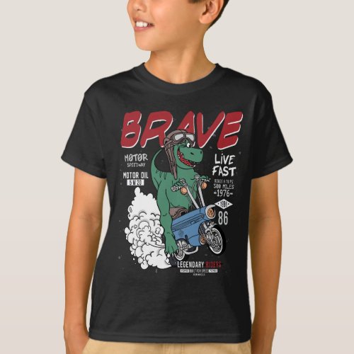 Brave Dinosaur Riding Motorcycle Funny Graphic T_Shirt