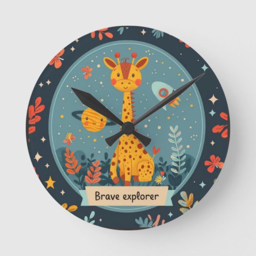 Brave Explorer Encounter with a Giraffe Round Clock