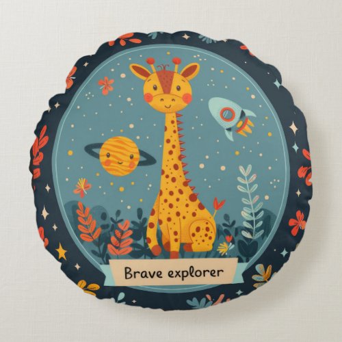 Brave Explorer Encounter with a Giraffe Round Pillow