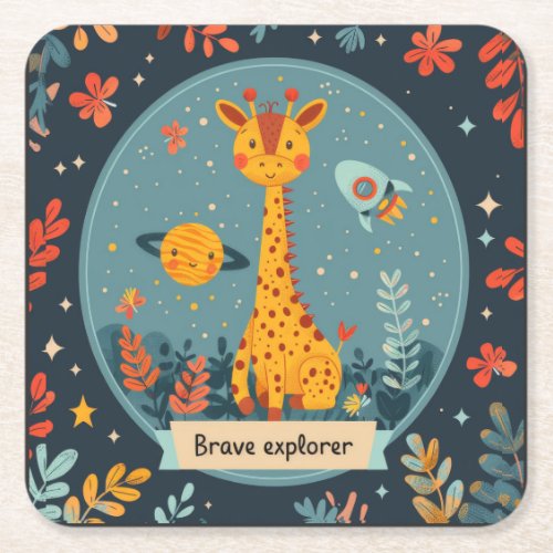 Brave Explorer Encounter with a Giraffe Square Paper Coaster