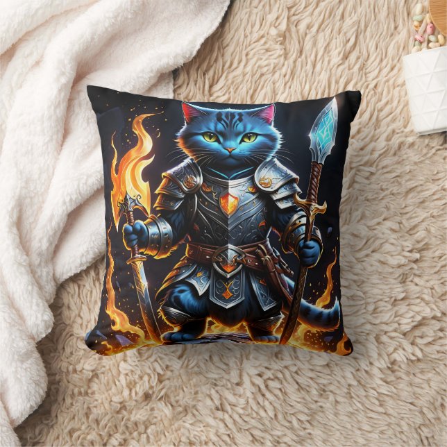 Brave Feline Knight in Fiery Fantasy Setting Throw Pillow (Blanket)