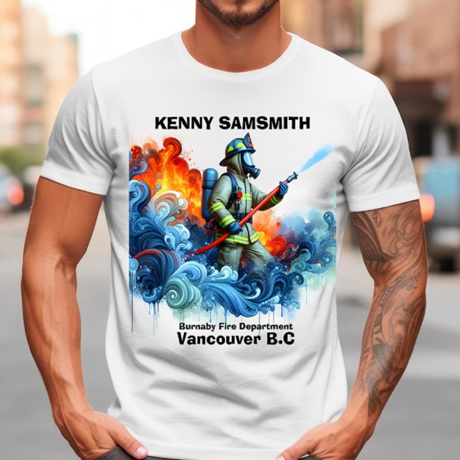 Brave firefighter battling flames with water waves T-Shirt (Creator Uploaded)