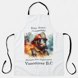 Brave firefighter in action amid swirling smoke apron