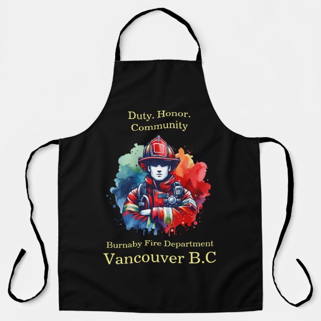 Brave firefighter shines in bright backdrop apron (Front)