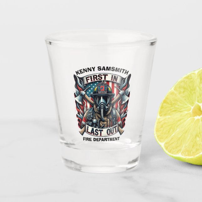 Brave firefighter stands proud shot glass (Front)