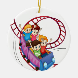 Brave kids riding in a roller coaster ride ceramic ornament
