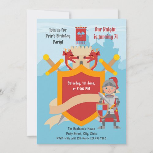 Brave Knight with sword and shield birthday party  Invitation