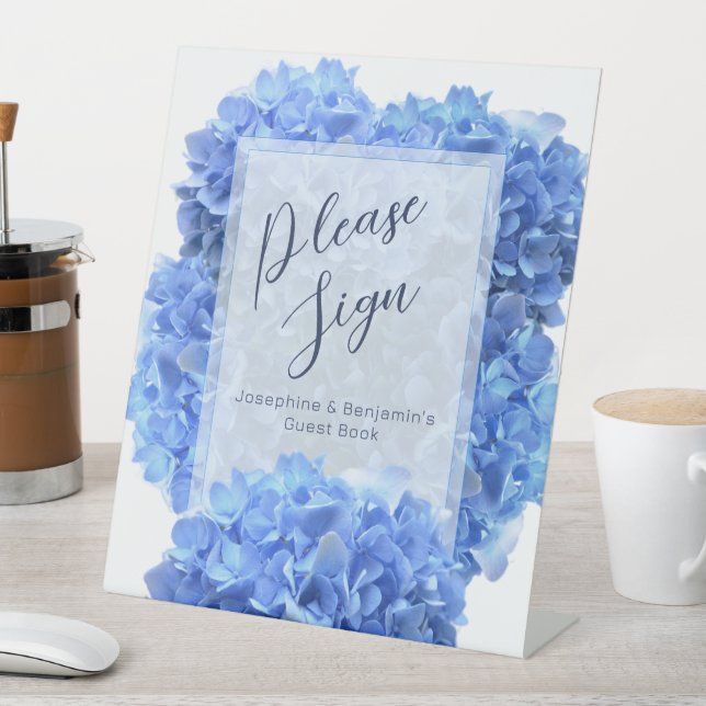 Bravest Blue Hydrangea Flowers Guest Book Pedestal Sign (In SItu)