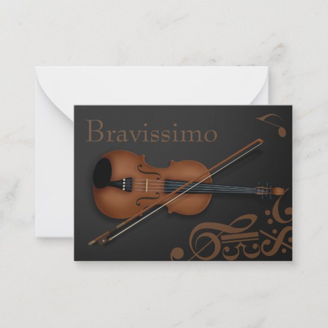 "Bravissimo" Brown Violin & Bow Black & Brown Note Card (Front)