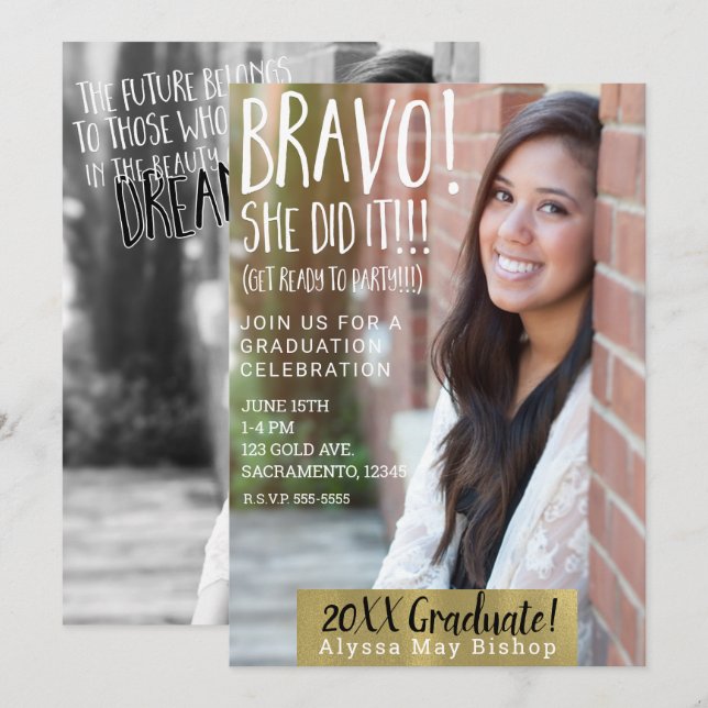 Bravo She Did It Magazine Picture Photo Graduation Invitation (Front/Back)
