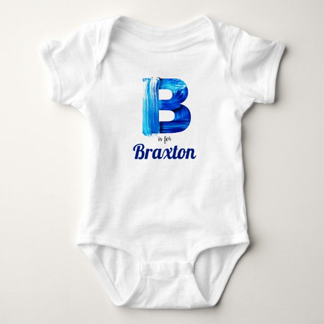 Braxton Name Reveal Letter Boy Blue Paint Newborn Baby Bodysuit (Front)