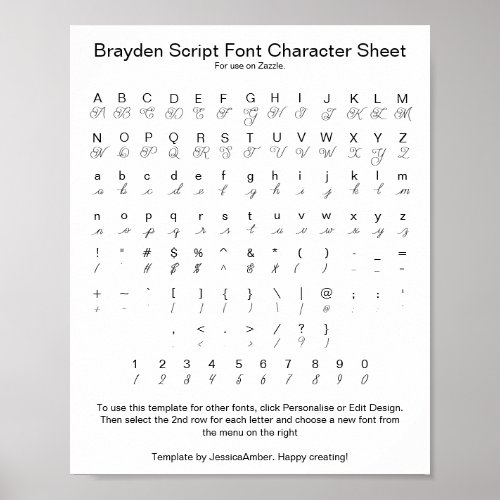 Brayden Script Font Character Sheet for Zazzle Poster