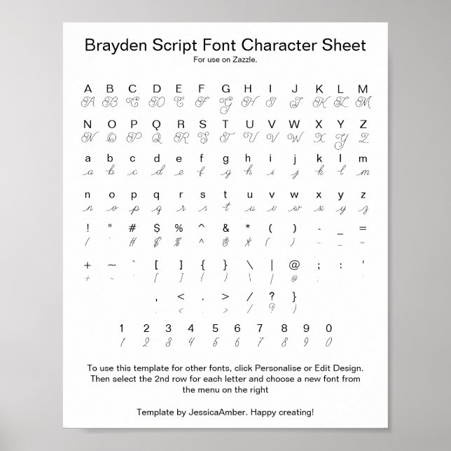 Brayden Script Font Character Sheet for Zazzle Poster (Front)