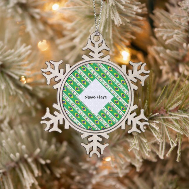 Brazil and Brazilian Flag Tiled with Your Name Snowflake Pewter Christmas Ornament (Tree)