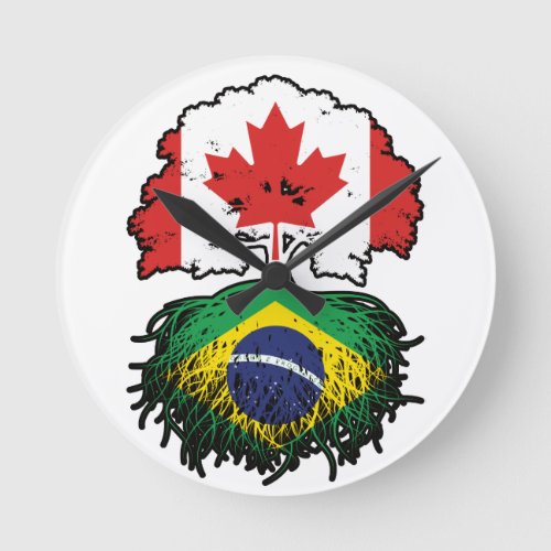 Brazil Brazilian Canadian Canada Tree Roots Flag Round Clock