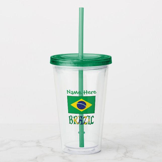 Brazil Brazilian Flag Green Personalized Name  Acrylic Tumbler (Front)