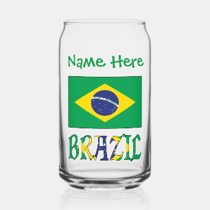 Brazil Brazilian Flag Green Personalized Name Can Glass