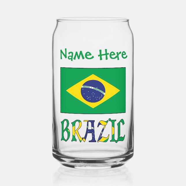 Brazil Brazilian Flag Green Personalized Name  Can Glass (Front)