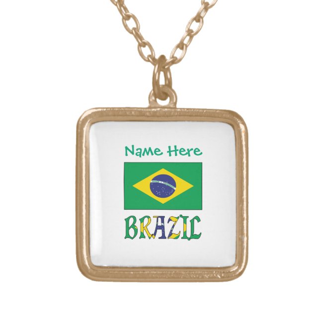 Brazil Brazilian Flag Green Personalized Name Gold Plated Necklace (Front)