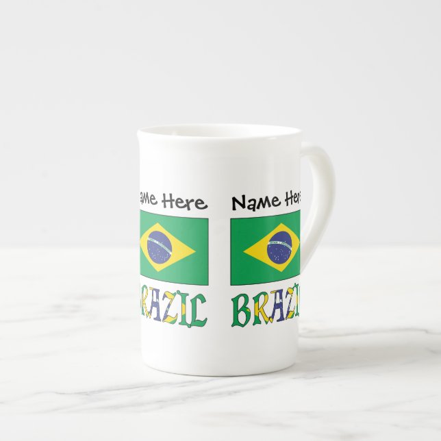 Brazil Brazilian Flag Personalized Name  Bone China Mug (Front Right)