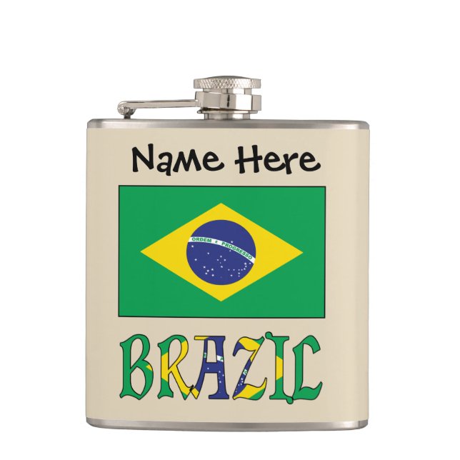 Brazil Brazilian Flag Personalized Name  Flask (Front)