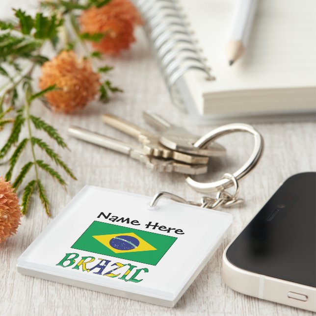 Brazil Brazilian Flag Personalized Name  Keychain (Front Right)