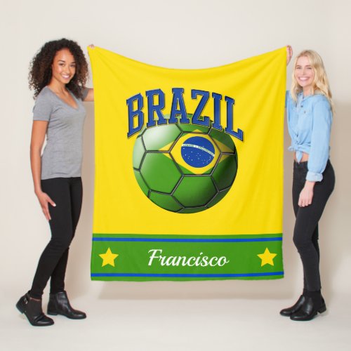 Brazil Brazilian Flag Soccer Ball  Name Fleece Blanket