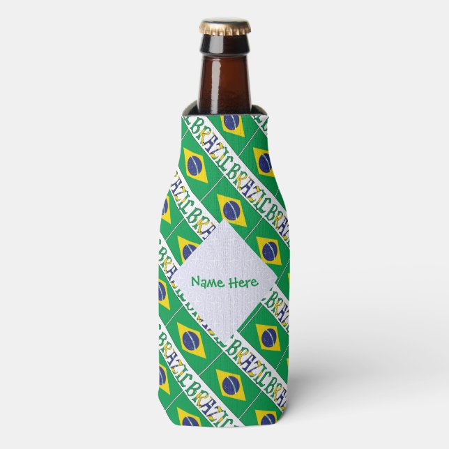 Brazil Brazilian Flag Tiled Green Personalization  Bottle Cooler (Bottle Front)