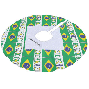 Brazil Brazilian Flag Tiled Personalized Name Faux Linen Tree Skirt