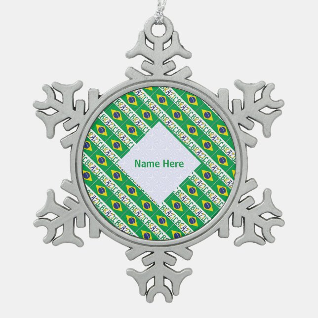 Brazil Brazilian Flag Tiled Personalized  Snowflake Pewter Christmas Ornament (Front)
