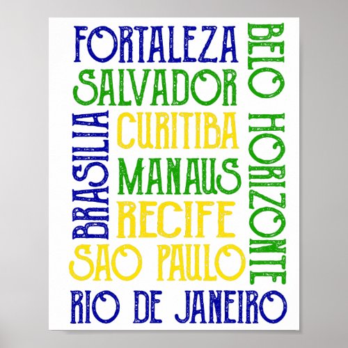 Brazil City Names Brazilian Flag Poster