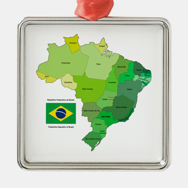 Brazil Flag and Political Map Metal Ornament (Front)