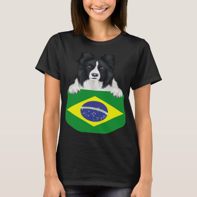 Brazil Flag Border Collie Dog In Pocket T-Shirt (Front)