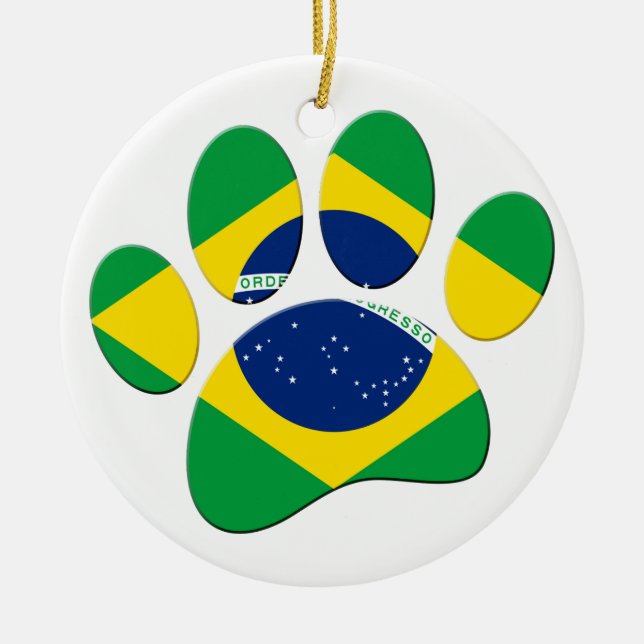 Brazil Flag Dog Paw Print Ceramic Ornament (Front)