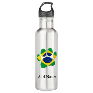Brazil Flag Dog Paw Print Custom Name Stainless Steel Water Bottle