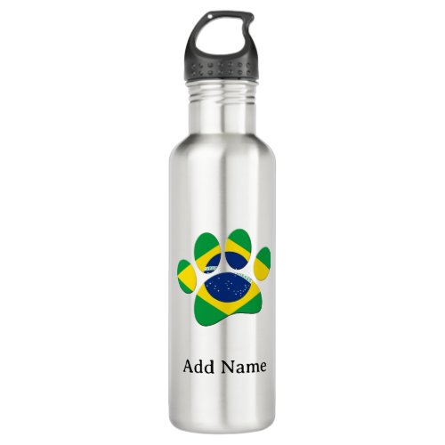 Brazil Flag Dog Paw Print Custom Name Stainless Steel Water Bottle