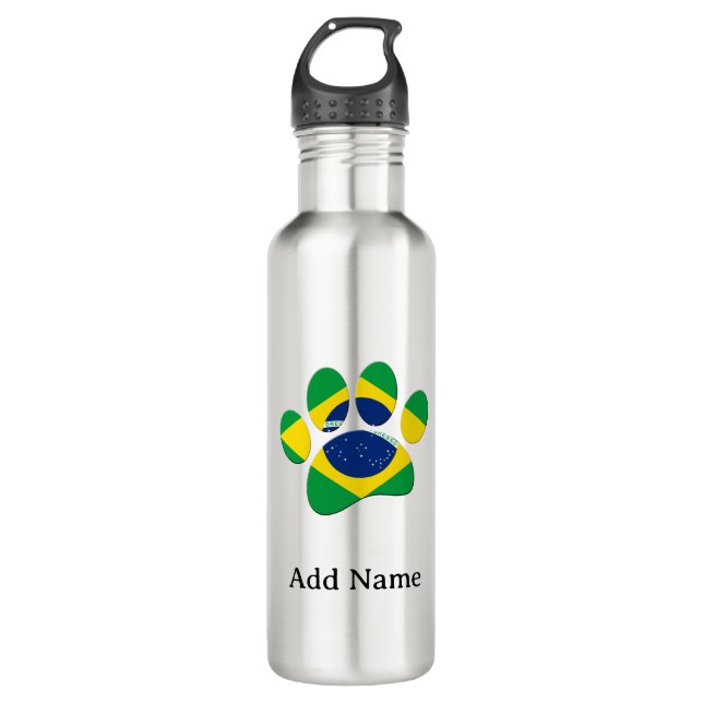 Brazil Flag Dog Paw Print Custom Name Stainless Steel Water Bottle (Front)